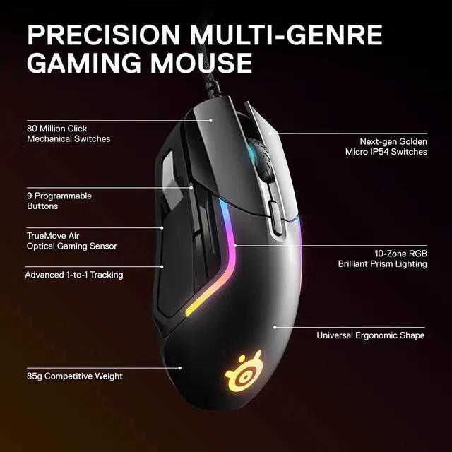 Alt view image 3 of 7 - SteelSeries Rival 5 Gaming Mouse with PrismSync RGB Lighting and 9 Programmable Buttons  FPS, MOBA, MMO, Battle Royale  18,000 CPI TrueMove Air Optical Sensor - Black