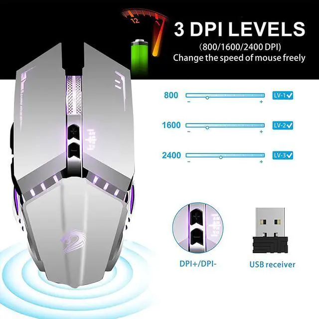 Alt view image 3 of 7 - TENMOS T12 Wireless Gaming Mouse Rechargeable, 2.4G Silent Optical Wireless Computer Mice with Changeable LED light for Laptop PC, 7 Buttons, 3 Adjustable DPI (Silver)