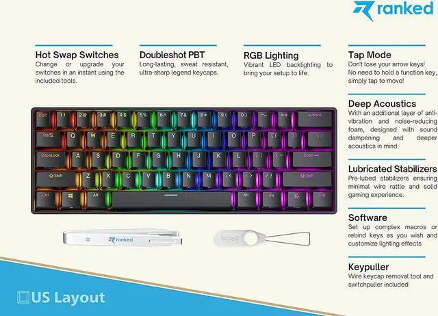 Alt view image 2 of 7 - Ranked N60 Nova 60% Form Factor | Hot Swappable Mechanical Gaming Keyboard | 61 Keys Multi Color RGB LED Backlit for PC/Mac Gamer (Black, Gateron Pro Yellow)