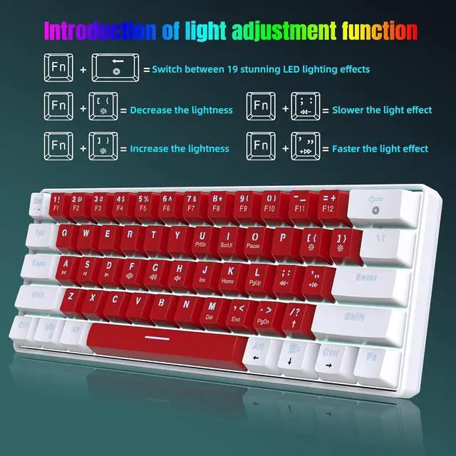 Alt view image 6 of 7 - Snpurdiri Wired 60% Mechanical Gaming Keyboard, White LED Backlit Ultra-Compact Small Office Keyboard for Windows Laptop PC Mac (White-Red, Red Switches)