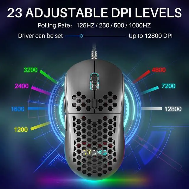 Alt view image 2 of 7 - DIERYA M1SE Wired Gaming Mouse with Honeycomb Shell, 12800DPI Optical Sensor, 6 Programmable Macros, Software Support for Custom Key Config, and RGB Settings for Windows 7/8/10/XP, Vista, Linux-Black