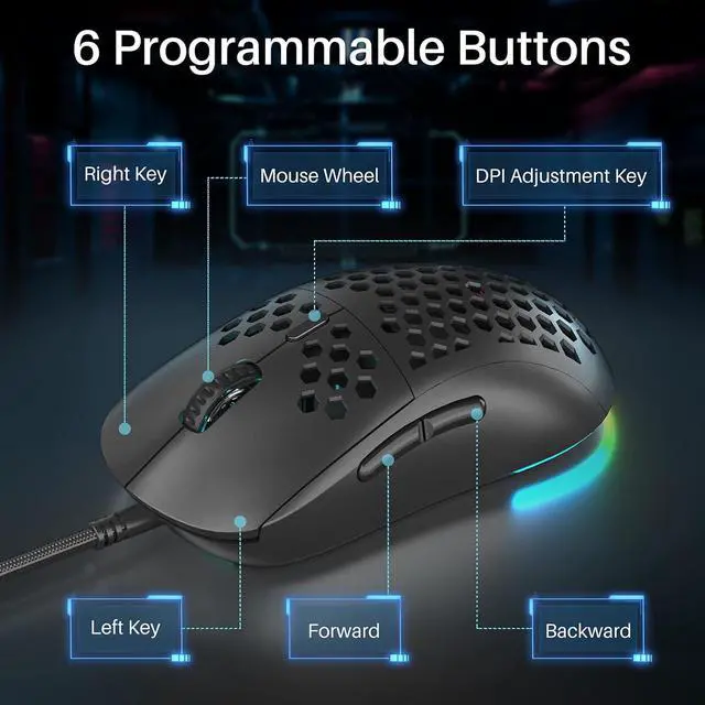 Alt view image 4 of 7 - DIERYA M1SE Wired Gaming Mouse with Honeycomb Shell, 12800DPI Optical Sensor, 6 Programmable Macros, Software Support for Custom Key Config, and RGB Settings for Windows 7/8/10/XP, Vista, Linux-Black