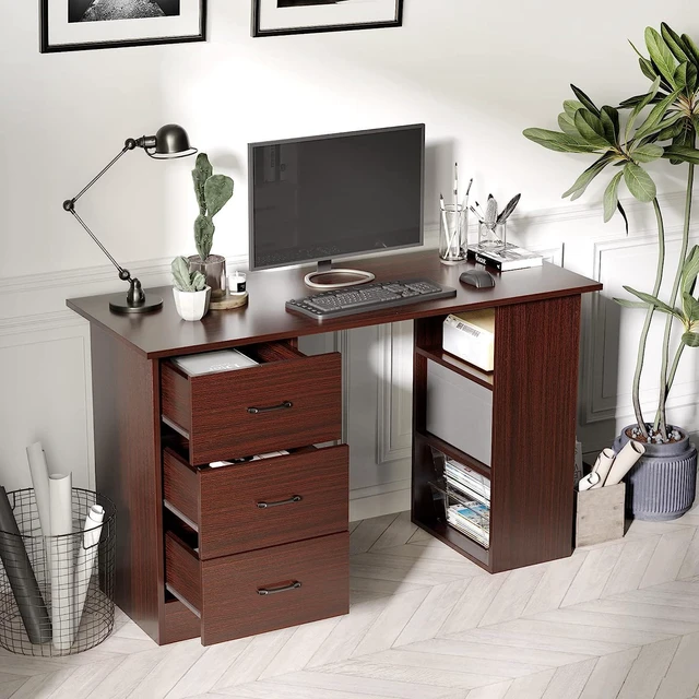 Alt view image 7 of 7 - HOMCOM Computer Desk with 3-Tier Storage Shelves, 47 Inches Home Office Desk with Drawers, Study Writing Table, Walnut