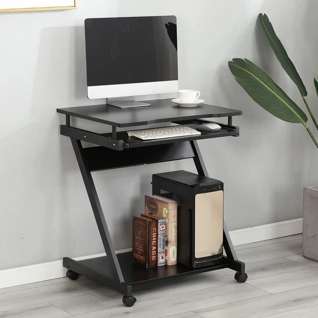 Main image of sogesfurniture Mobile Computer Desk Small Rolling Work Workstation with Printer Shelf and Keyboard Space Computer Workstation for Home and Office,Black BHCA-DX-8110-BB-N