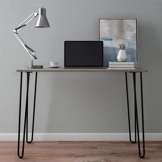 Main image of Desk with Hairpin Legs - Modern Industrial Style Home Decor - Woodgrain-Look and Steel Accent Home Office Furniture by Lavish Home (Gray)