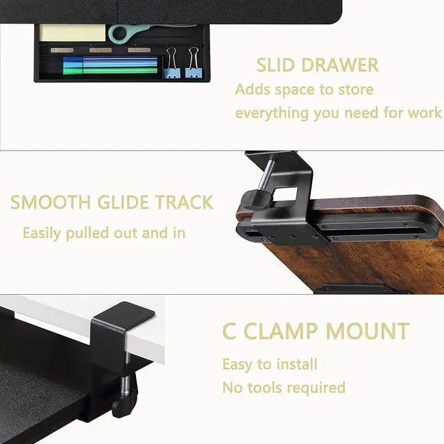Alt view image 4 of 7 - ETHU Keyboard Tray, 26.77" X 11.81" Large Size Keyboard Tray Under Desk with C Clamp-on Mount Easy to Install, Computer Keyboard Stand, Ergonomic Keyboard Tray for Home and Office Wood