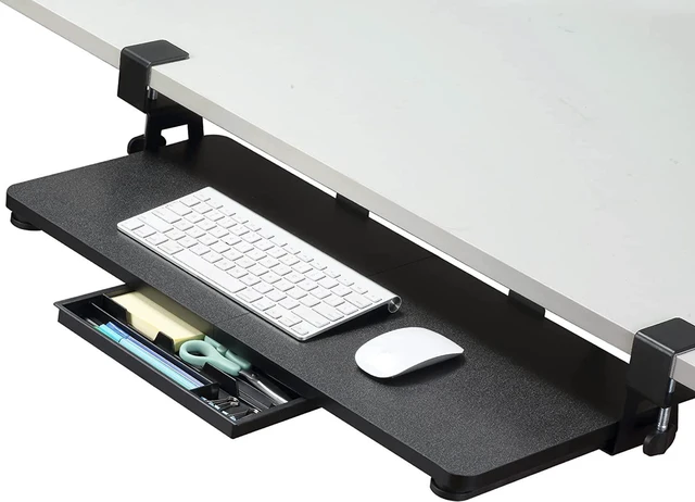 Alt view image 2 of 7 - ETHU Keyboard Tray, 26.77" X 11.81" Large Size Keyboard Tray Under Desk with C Clamp-on Mount Easy to Install, Computer Keyboard Stand, Ergonomic Keyboard Tray for Home and Office Wood