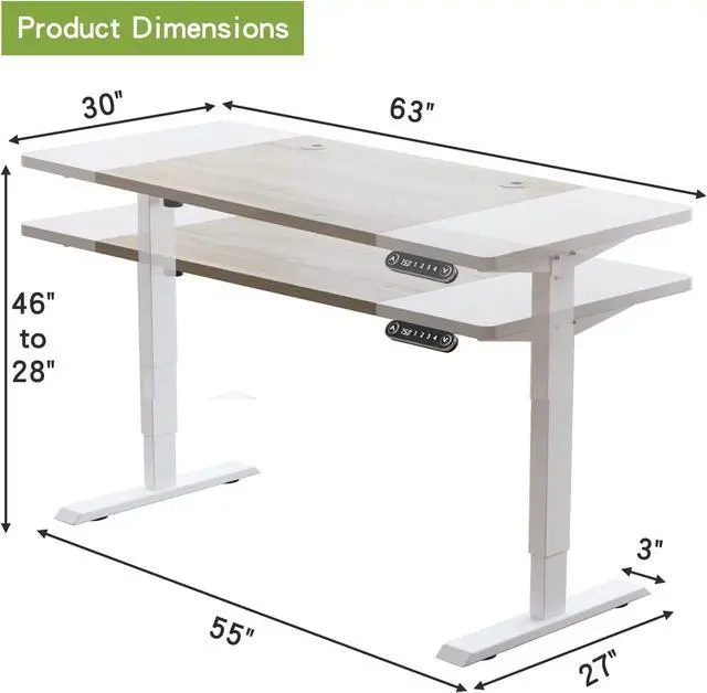 Alt view image 3 of 7 - Radlove Electric Height Adjustable Standing Desk, 63x 30 Inches Stand Up Desk Workstation, Splice Board Home Office Computer Standing Table Ergonomic Desk (White+ Oak, 63x30'')
