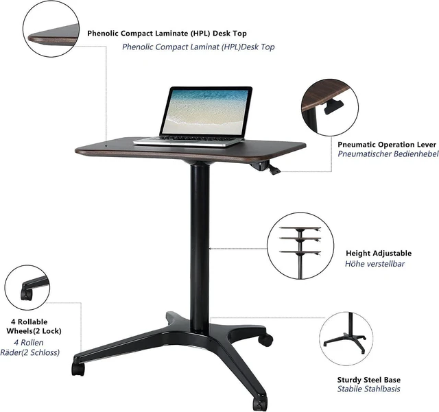 Alt view image 4 of 5 - Mobile Standing Desk,Pneumatic Height Adjustable Laptop Desk, Mobile Laptop Desk with Wheels, Height Adjustable from 29.5'' to 47'',Black