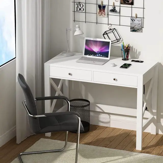 Alt view image 3 of 7 - ChooChoo Computer Desk with USB Charging Ports and Power Outlets, 39" White Desk with Drawers, Small Study Writing Table with Stable X Frame for Home Office