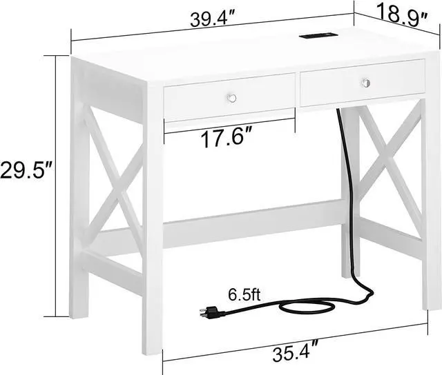 Alt view image 2 of 7 - ChooChoo Computer Desk with USB Charging Ports and Power Outlets, 39" White Desk with Drawers, Small Study Writing Table with Stable X Frame for Home Office