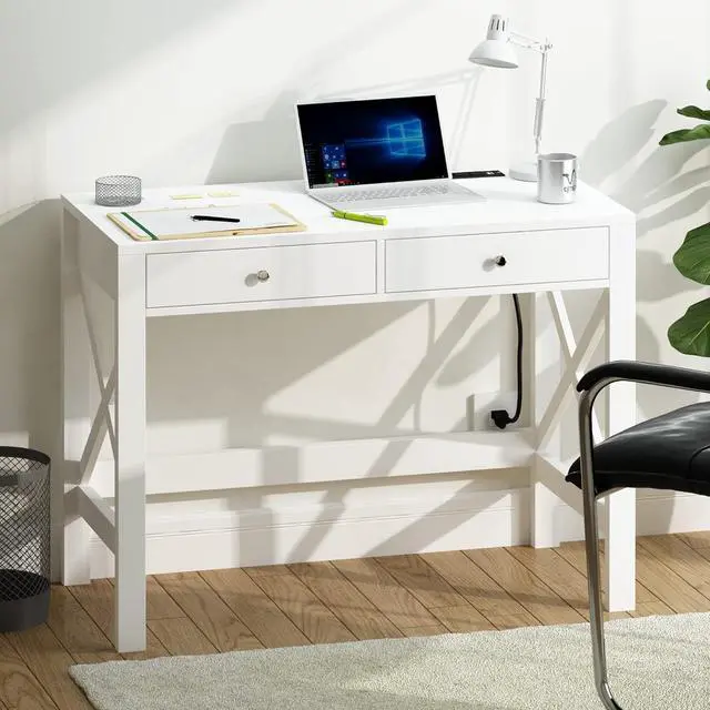 Alt view image 4 of 7 - ChooChoo Computer Desk with USB Charging Ports and Power Outlets, 39" White Desk with Drawers, Small Study Writing Table with Stable X Frame for Home Office