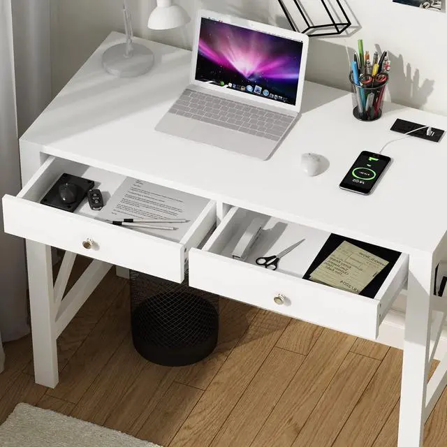 Alt view image 6 of 7 - ChooChoo Computer Desk with USB Charging Ports and Power Outlets, 39" White Desk with Drawers, Small Study Writing Table with Stable X Frame for Home Office