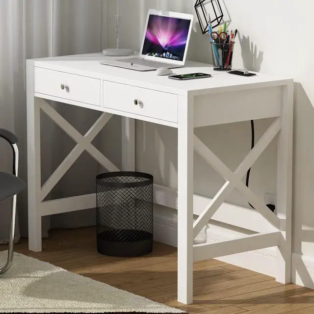 Alt view image 7 of 7 - ChooChoo Computer Desk with USB Charging Ports and Power Outlets, 39" White Desk with Drawers, Small Study Writing Table with Stable X Frame for Home Office