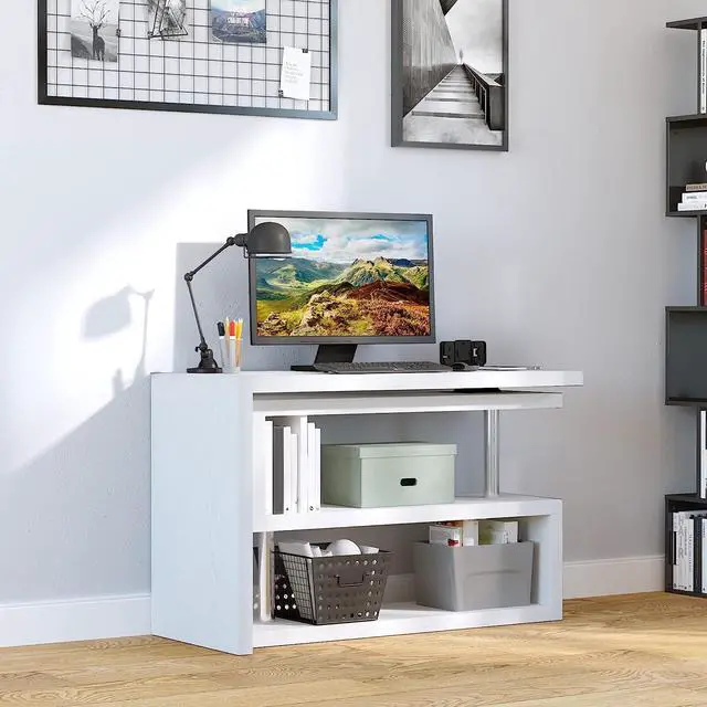 Alt view image 7 of 7 - HOMCOM 360 Degree Rotating Corner Computer Desk, L Shaped Desk, Home Office Workstation with 3-Tier Storage Shelves, White