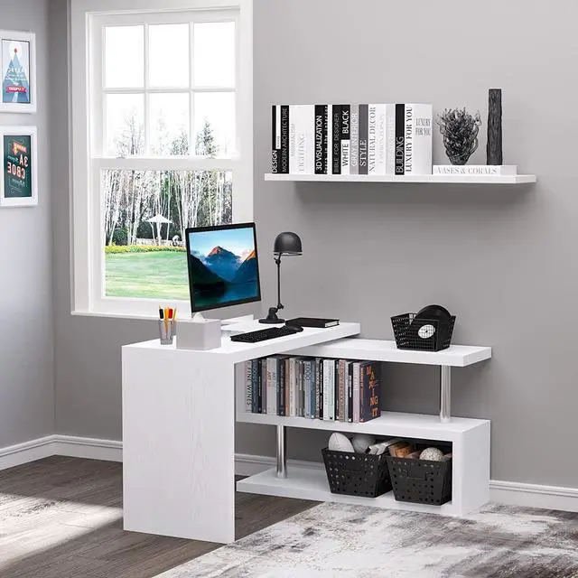 Alt view image 2 of 7 - HOMCOM 360 Degree Rotating Corner Computer Desk, L Shaped Desk, Home Office Workstation with 3-Tier Storage Shelves, White