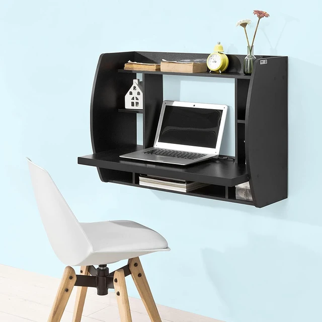 Alt view image 2 of 7 - SoBuy FWT18-SCH,Wall-Mounted Table Desk with Storage Shelves and Drawers,Home Office Desk Workstation,Black