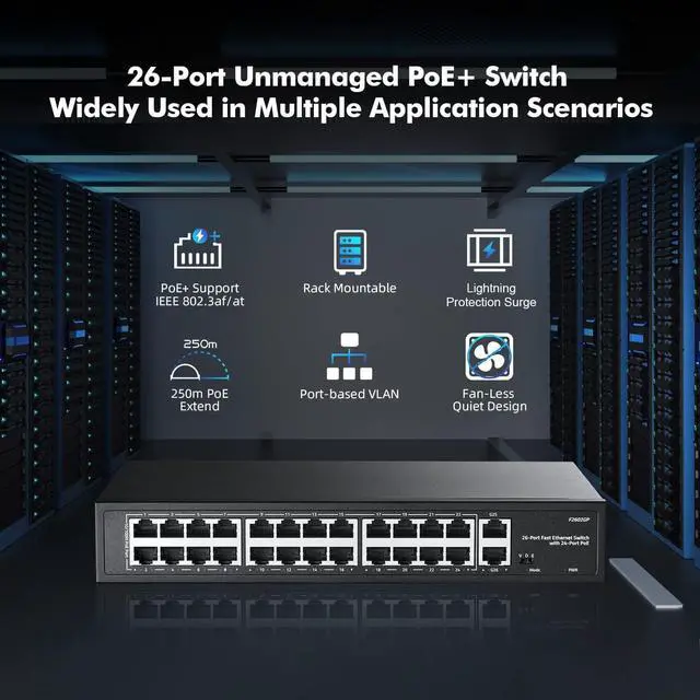 Alt view image 2 of 7 - 24 Port PoE Switch with 2 Gigabit Uplink, 100Mbps PoE+ Ports, 1000Mbps Uplink, IEEE802.3af/at, Max 300W, VLAN & PoE Extend 250m, YuLinca RackMount Fanless Unmanaged Ethernet Switch