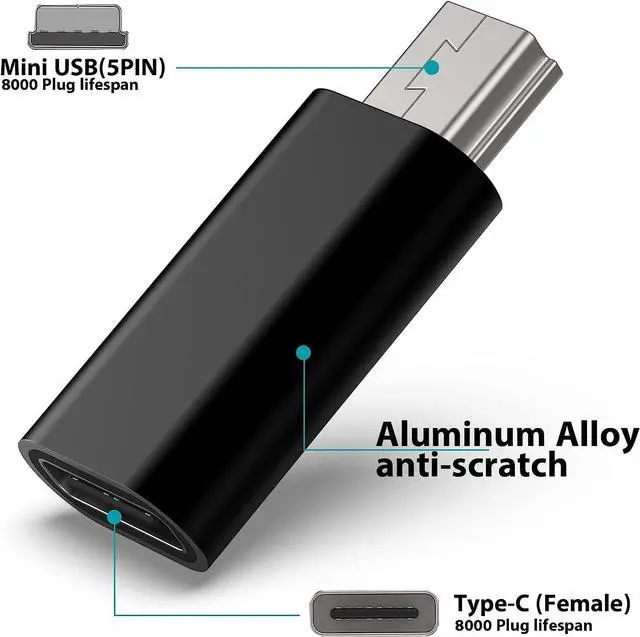 Alt view image 2 of 5 - USB C to Mini USB Adapter Type C Female to Mini USB 2.0 Male Convert Connector Support Charge & Data Sync Compatible GoPro Hero 3+ MP3 Players Dash Cam Digital Camera Receiver etc(2-Pack) Black