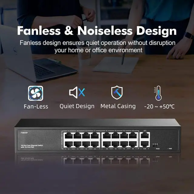 Alt view image 6 of 7 - 16 Port PoE Switch with 2 Gigabit Uplink, 10/100Mbps PoE+ Ports, 100/1000Mbps Uplink, IEEE802.3af/at, Max 200W, VLAN & PoE Extend 250m, YuLinca Metal RackMount Fanless Unmanaged Ethernet Switch