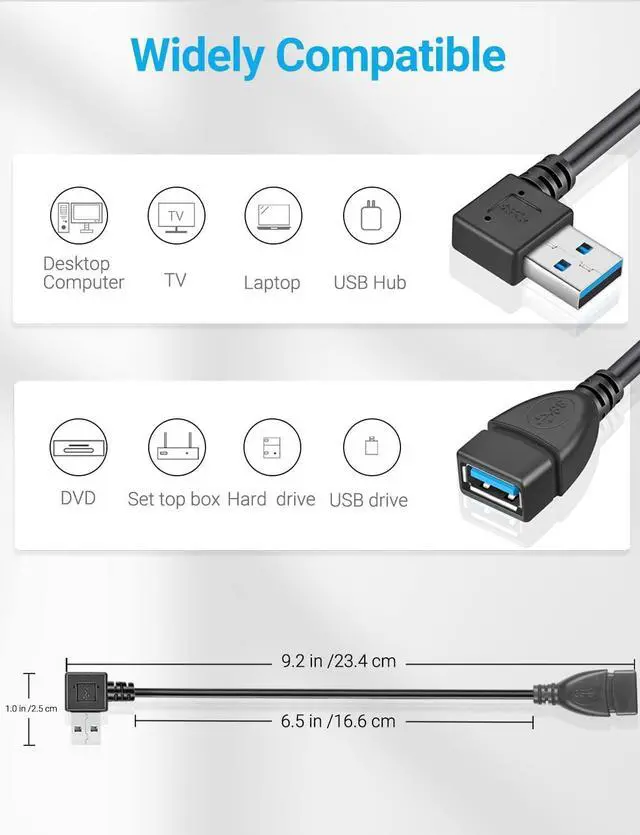 Alt view image 7 of 7 - 2 Pack SuperSpeed USB 3.0 Angle Male to Female Extension Cable Convertor Adapter Extender Cord Left and Right Angle one Each - 6 inch 2 Pack