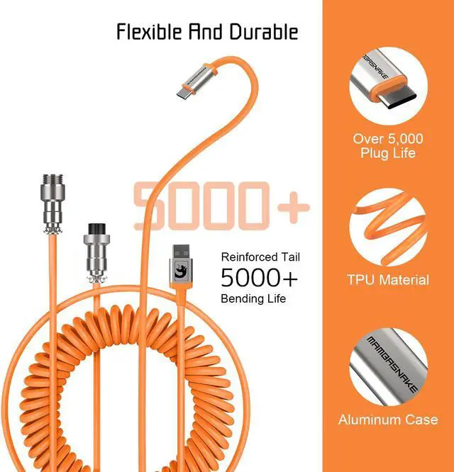 Alt view image 2 of 7 - C01 Custom Coiled USB C to A Cable with Detachable Double Sleeved Spiral Extendable Spring Line Metal Aviator for PlayStation Xbox RK Keyboard Mouse USB Flash Drive Printer(Orange)