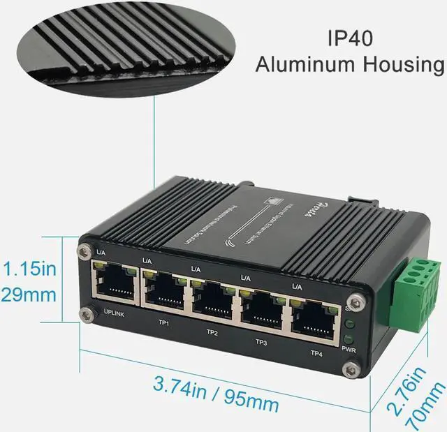 Alt view image 4 of 7 - Hardened Industrial Gigabit Ethernet Switch 5-Port Mini Industrial Switch 10/100Mbps Half/Full Duplex and 1000Mbps Full Duplex