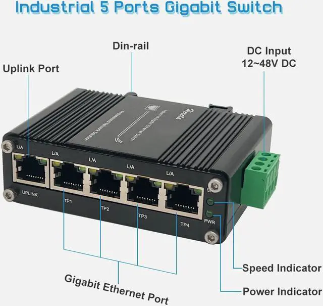 Alt view image 2 of 7 - Hardened Industrial Gigabit Ethernet Switch 5-Port Mini Industrial Switch 10/100Mbps Half/Full Duplex and 1000Mbps Full Duplex