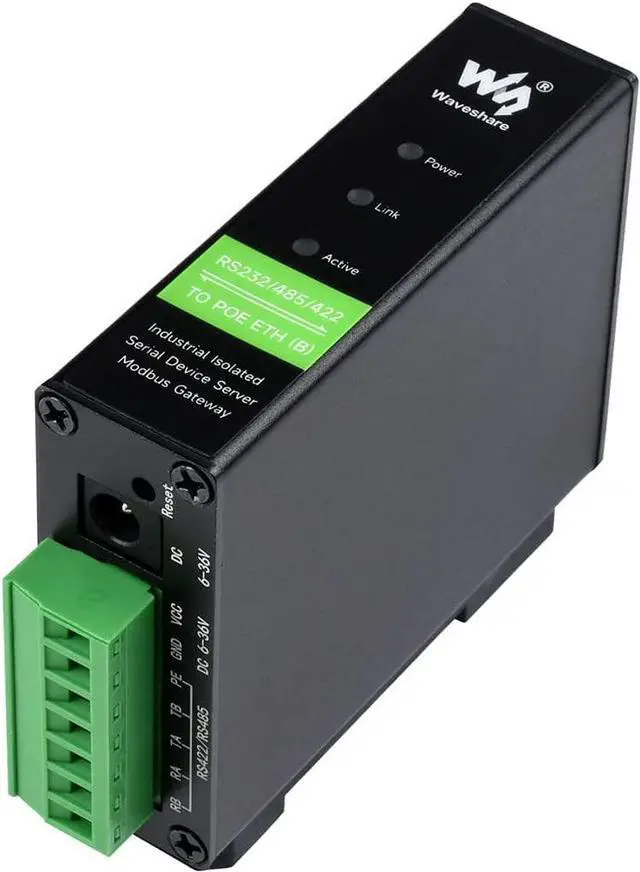 Main image of waveshare RS232/485/422 to RJ45 Ethernet Converter, TCP/IP to Serial, Modbus Gateway Support, Industrial Isolated Rail-Mount RS232/485/422 Serial Server with POE Function, Multi Communication Modes