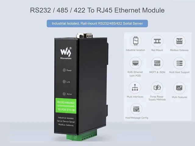 Alt view image 2 of 7 - waveshare RS232/485/422 to RJ45 Ethernet Converter, TCP/IP to Serial, Modbus Gateway Support, Industrial Isolated Rail-Mount RS232/485/422 Serial Server with POE Function, Multi Communication Modes