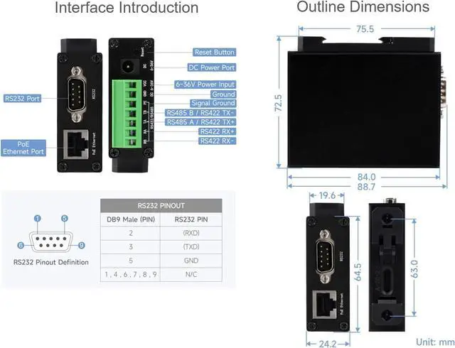 Alt view image 7 of 7 - waveshare RS232/485/422 to RJ45 Ethernet Converter, TCP/IP to Serial, Modbus Gateway Support, Industrial Isolated Rail-Mount RS232/485/422 Serial Server with POE Function, Multi Communication Modes