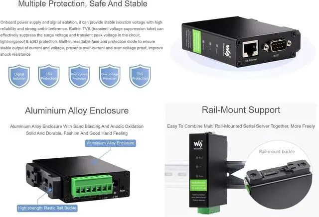 Alt view image 6 of 7 - waveshare RS232/485/422 to RJ45 Ethernet Converter, TCP/IP to Serial, Modbus Gateway Support, Industrial Isolated Rail-Mount RS232/485/422 Serial Server with POE Function, Multi Communication Modes