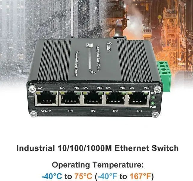 Alt view image 5 of 7 - Industrial Gigabit Ethernet PoE+ Switch 5-Port 10/100/1000BASE-T Auto-MDI/MDI-X Half/Full Duplex Compact 30W PoE+ Ethernet Switch 12~48VDC Wide Range Power Input