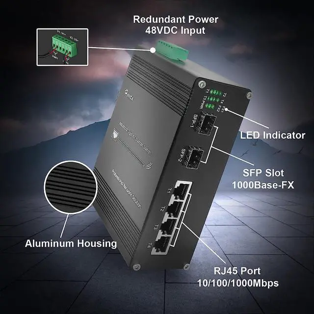 Alt view image 3 of 6 - Hereta Hardened Industrial Gigabit PoE+ Switch Mini 6 Ports Compact Ethernet Switch 4 Ports PoE (30W per Port) 10/100/1000Base-T & 2 Ports 1000Base-X SFP 48VDC Wide Power Input