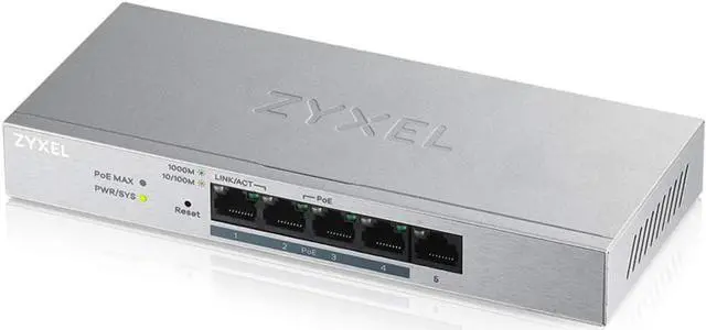 Main image of Zyxel 5-Port Gigabit Ethernet Web Managed PoE+ Switch | 4x PoE+ @60W | VLAN Support | Sturdy Metal Case | Desktop or Wall-Mount | QoS | Ethernet Splitter [GS1200-5HPv2]