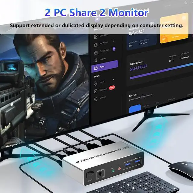 Alt view image 2 of 7 - USB 3.0 DisplayPort + HDMI KVM Switch Dual Monitor 2 Port, 4K@60Hz 2 in 2 Out KVM Switch for 2 Computers Share 2 Monitors with 3 USB 3.0 and Audio Microphone, PC Monitor Keyboard Mouse Switcher