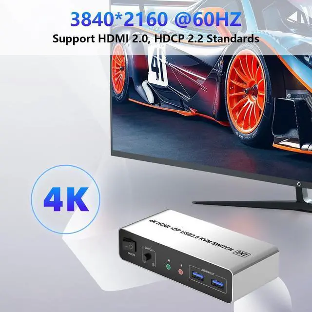 Alt view image 3 of 7 - USB 3.0 DisplayPort + HDMI KVM Switch Dual Monitor 2 Port, 4K@60Hz 2 in 2 Out KVM Switch for 2 Computers Share 2 Monitors with 3 USB 3.0 and Audio Microphone, PC Monitor Keyboard Mouse Switcher