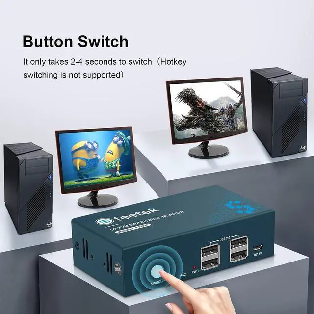 Alt view image 6 of 7 - Steetek Displayport Dual Monitor KVM Switch, 4K@60Hz Display Port KVM Switch 2 Monitors 2 Computers, 4 USB 2.0 Ports Share Keyboard Mouse and USB 2.0 Device, Button Switch, with 4 DP and 2 USB Cables