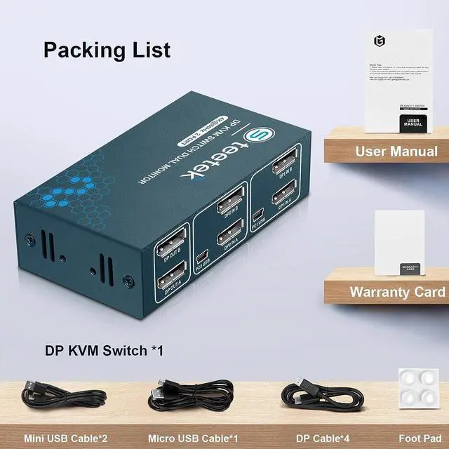Alt view image 7 of 7 - Steetek Displayport Dual Monitor KVM Switch, 4K@60Hz Display Port KVM Switch 2 Monitors 2 Computers, 4 USB 2.0 Ports Share Keyboard Mouse and USB 2.0 Device, Button Switch, with 4 DP and 2 USB Cables