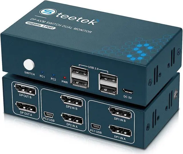 Main image of Steetek Displayport Dual Monitor KVM Switch, 4K@60Hz Display Port KVM Switch 2 Monitors 2 Computers, 4 USB 2.0 Ports Share Keyboard Mouse and USB 2.0 Device, Button Switch, with 4 DP and 2 USB Cables