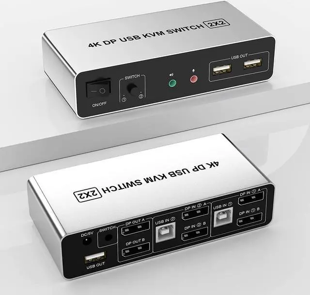 Main image of DisplayPort KVM Switch Dual Monitors for 2 Computers 4K@60Hz 2 in 2 Out Displayport KVM Switch with Audio Microphone Output and 3 USB Ports, Keyboard Mouse Displayport Dual Monitor KVM