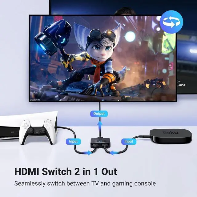 Alt view image 2 of 7 - HDMI Switch 4K@60Hz, Bi-Directional HDMI Switcher 2 in 1 Out HDMI Splitter 1 Input 2 Output Supports UHD 3D HDR Compatible with PS5, PS4, Xbox Series X/S, Roku, Fire Stick, Black