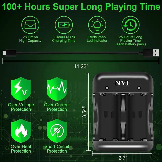 Alt view image 5 of 6 - 2800mAh Controller Battery Pack for Xbox One/Xbox Series X/Xbox One S/Xbox One X/Xbox One Elite, NYI 4 x 2800 mAh High Power Rechargeable NI-MH Batteries Kit with Charger