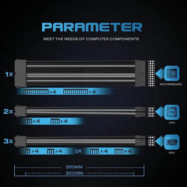 Alt view image 7 of 7 - Asiahorse Power Supply Sleeved Cable for Power Supply Extension Cable Wire Kit 1x24-PIN/ 2x8-PORT (4+4) M/B,3x8-PORT (6+2) PCI-E 30cm Length with Combs(Dual EPS Black-Mix)