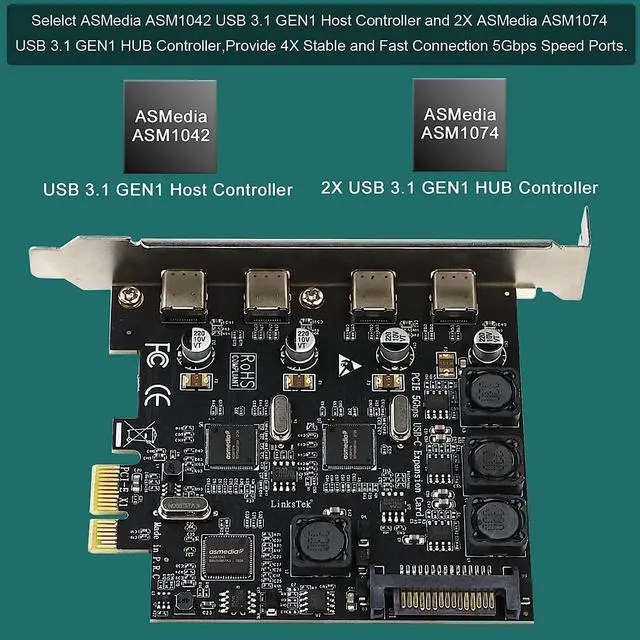 Alt view image 2 of 7 - LinksTek 4-Ports PCIE USB 3.0 (3.1 GEN1) 5Gbps Expansion Card for Desktop PCs, 4X 5Gbps Max USB-C Ports, Built in Smart Power Distribution Technology, No Need Extra Power Supply (PCIE-U304C)