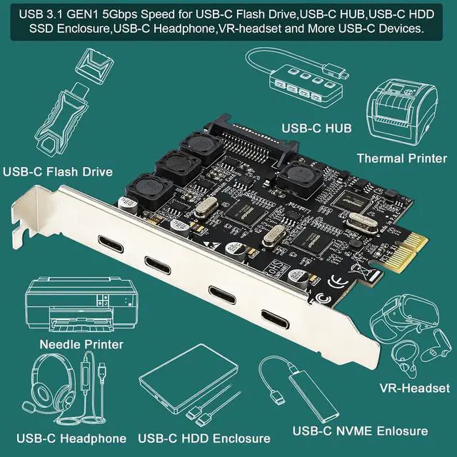 Alt view image 5 of 7 - LinksTek 4-Ports PCIE USB 3.0 (3.1 GEN1) 5Gbps Expansion Card for Desktop PCs, 4X 5Gbps Max USB-C Ports, Built in Smart Power Distribution Technology, No Need Extra Power Supply (PCIE-U304C)