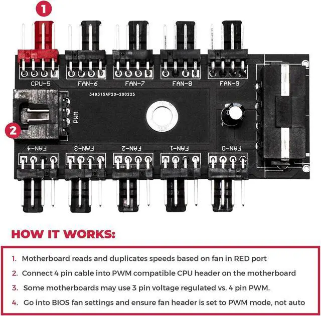 Alt view image 4 of 5 - BUYMINERS.CA Chassis Fan Hub CPU Cooling 10 Port 12 V Molex to PWM Connector with 3 & 4 Pin - Efficient PC-Fan Controller System with Adhesive Tape Dedicated Supply from PSU to Link Multiple Points