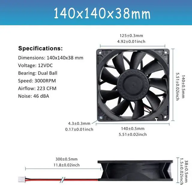 Alt view image 2 of 7 - GDSTIME 140mm High Static Pressure Cooling Fan 2-Pin 140x140x38mm DC 12V Ball Bearing for Radiator Heatsink