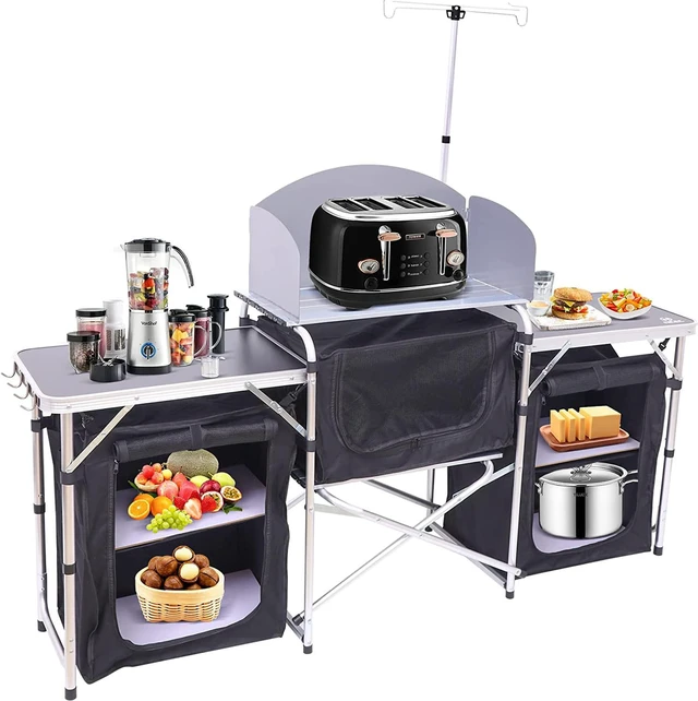 Alt view image 3 of 5 - Nice C Camping Kitchen Table, Pliante Portable, Pliante Extérieure, Folding Table, Upgrade Light Stand and Windshield Cooking Station & 3 Organizers, Carry Bag for Outdoor, Beach(Silver)