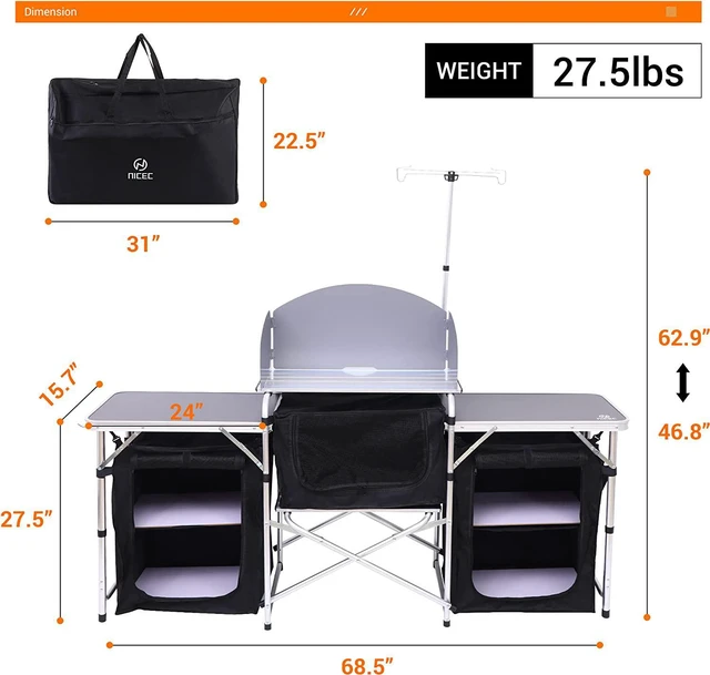 Alt view image 2 of 5 - Nice C Camping Kitchen Table, Pliante Portable, Pliante Extérieure, Folding Table, Upgrade Light Stand and Windshield Cooking Station & 3 Organizers, Carry Bag for Outdoor, Beach(Silver)